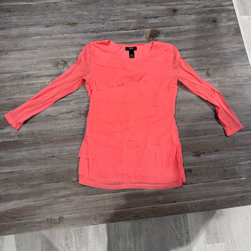 Alfani Coral Petite Tiered-Mesh Illusion-Sleeve Top
